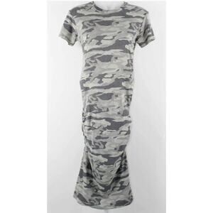 Monrow Sz M Olive Green Camo Ruched Fitted Poly Cotton Rayon Dress